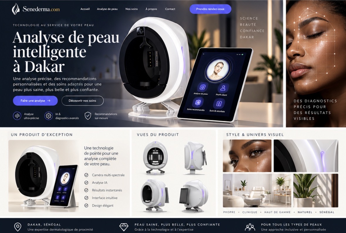 Planche de présentation SENEDERMA : rendu de l'appareil d'analyse cutanée avec sa tablette, vue de profil d'un visage avec maillage d'analyse numérique, plusieurs angles de vue de l'appareil et images de l'univers du soin.