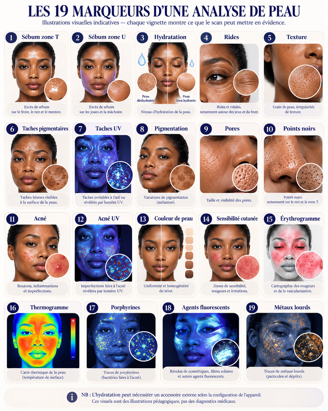 Planche illustrant les 19 marqueurs d'une analyse de peau : sébum zone T et zone U, hydratation, rides, texture, taches pigmentaires, taches UV, pigmentation, pores, points noirs, acné, acné UV, couleur de peau, sensibilité cutanée, érythrogramme, thermogramme, porphyrines, agents fluorescents et métaux lourds.