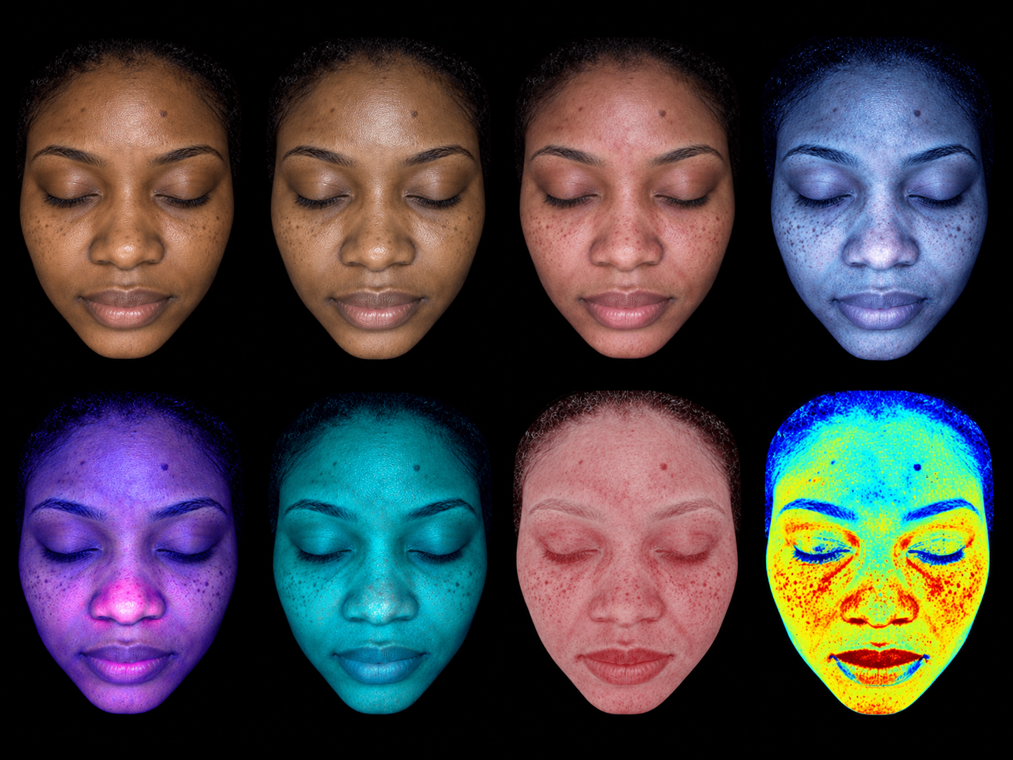 Illustration d'analyse cutanée : les huit modes d'imagerie multispectrale appliqués au même visage