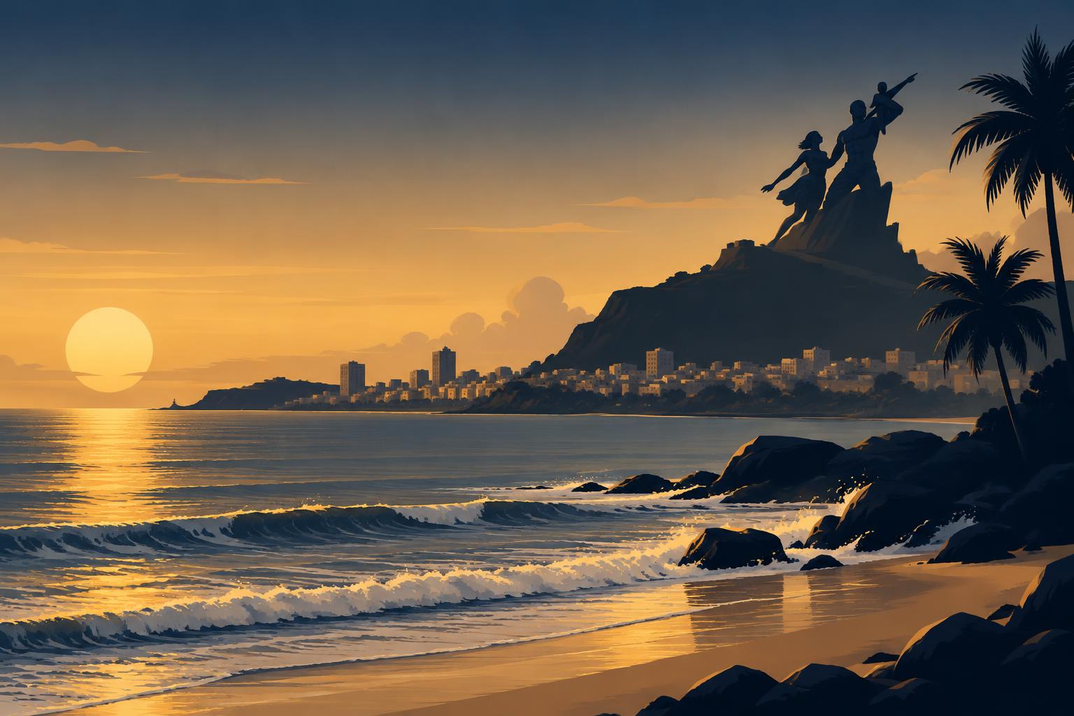 Illustration de la côte de Dakar au coucher du soleil, avec le monument de la Renaissance africaine