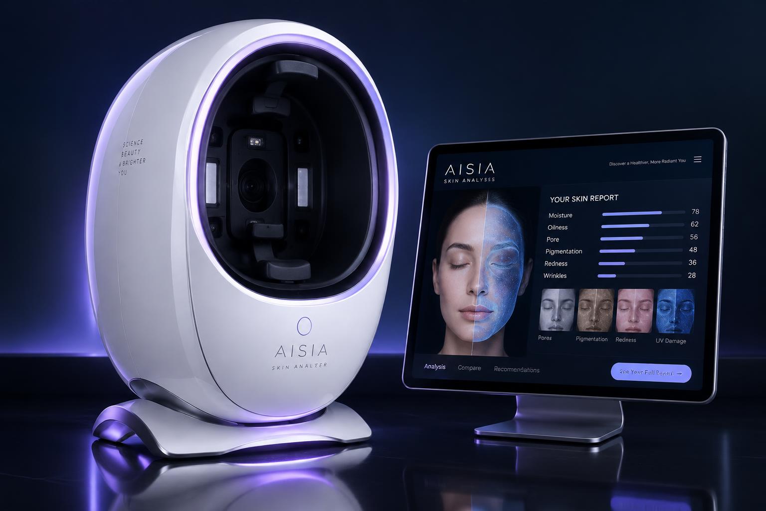 Appareil d'analyse cutanée AISIA Skin Analyzer avec sa tablette de résultats